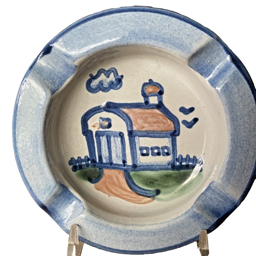 M. A. Hadley Signed Ceramic Ashtray Folk Art 4.75" Rare  Red Roof Barn Farm Blue
